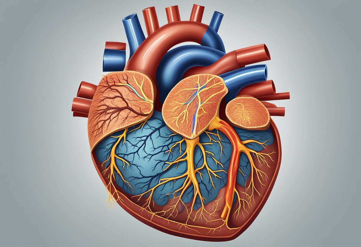 A heart with arteries clogged by plaque, causing restricted blood flow and potential heart attack