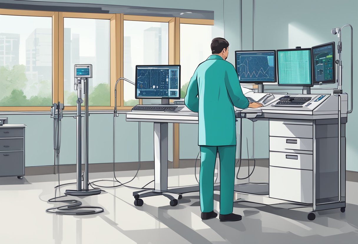 A cardiologist performs a diagnostic procedure in a hospital cardiology department. Medical equipment and monitors are present