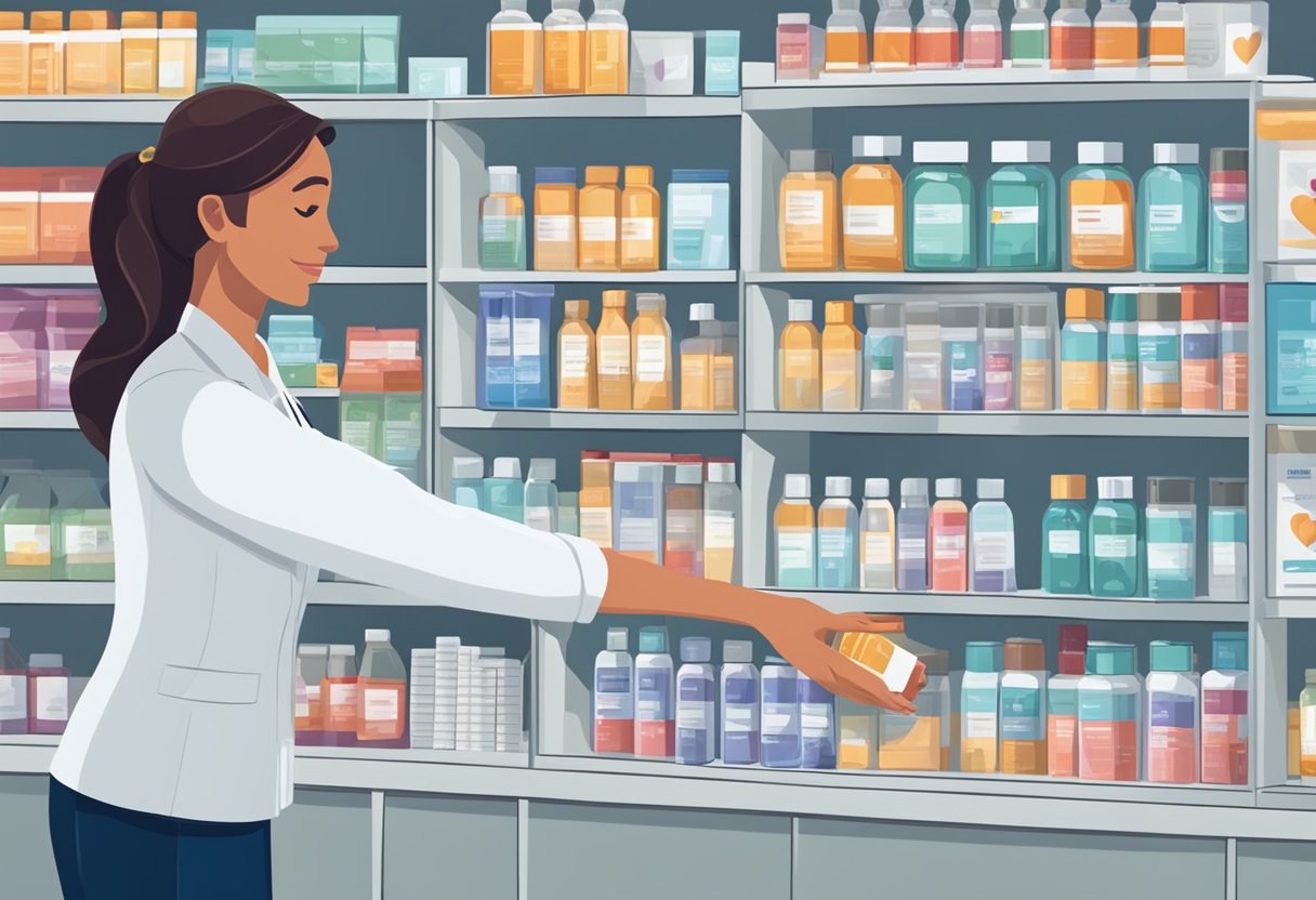A hand reaches for a bottle of heart medication on a pharmacy shelf, while a pharmacist prepares a prescription label