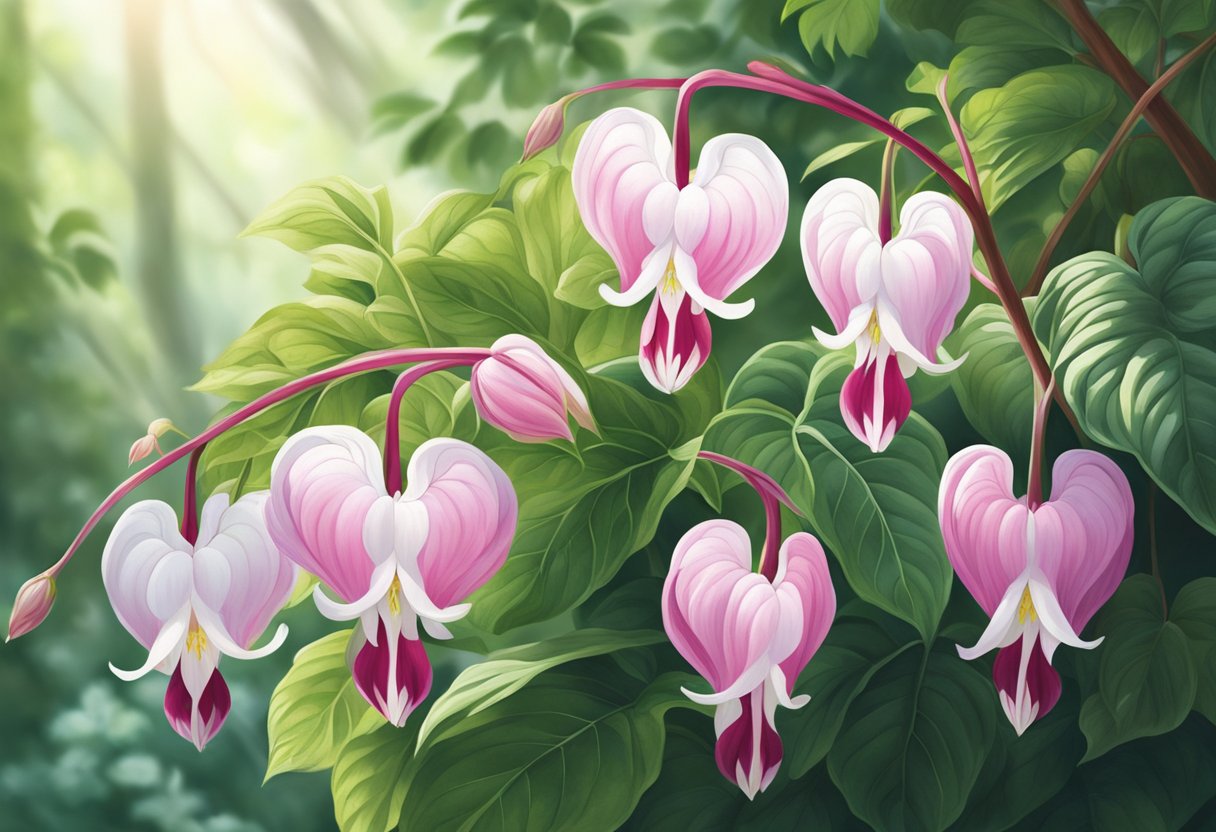 A bleeding heart plant with delicate pink and white flowers, surrounded by lush green foliage and dappled sunlight filtering through the leaves