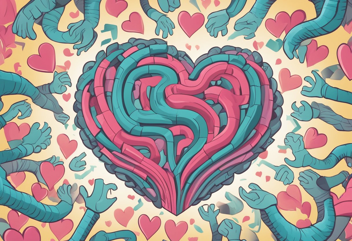 A heart surrounded by question marks, representing confusion about coronary heart disease