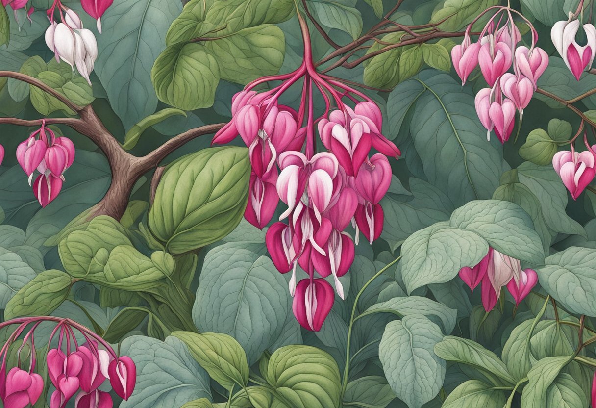 A bleeding heart plant surrounded by a circle of curious onlookers