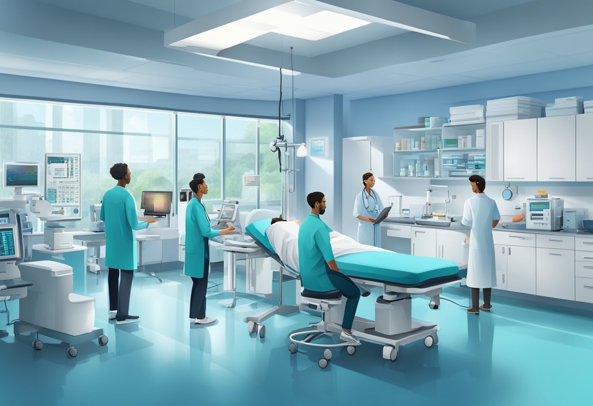 A bustling cardiology clinic with doctors and nurses attending to patients, while researchers work in the background on cutting-edge medical advancements