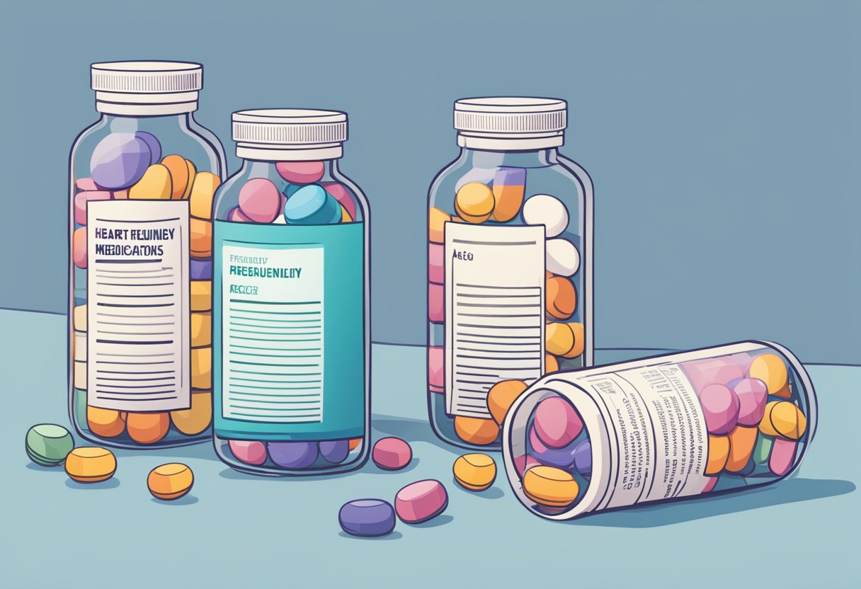 A stack of pill bottles labeled "heart medications" with a "Frequently Asked Questions" pamphlet beside them