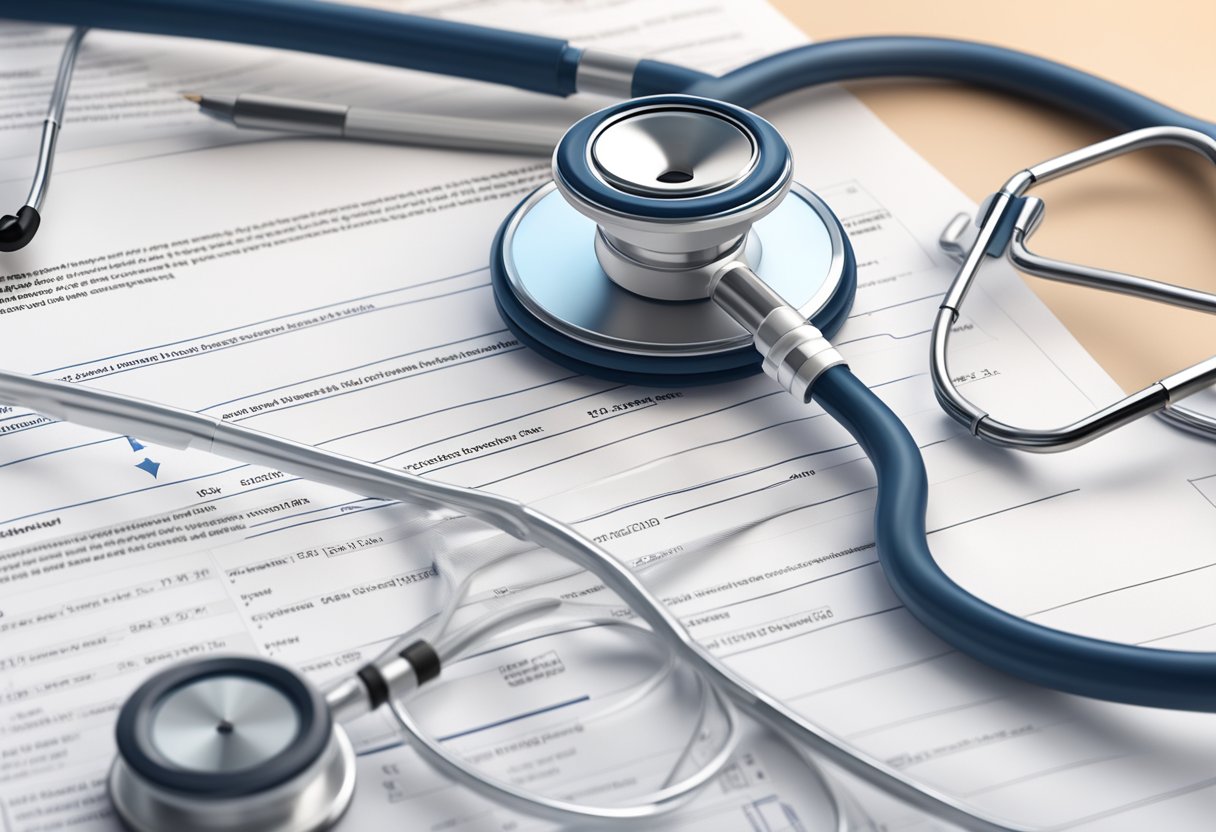 A stack of heart disease FAQs with a stethoscope and heart-shaped diagram