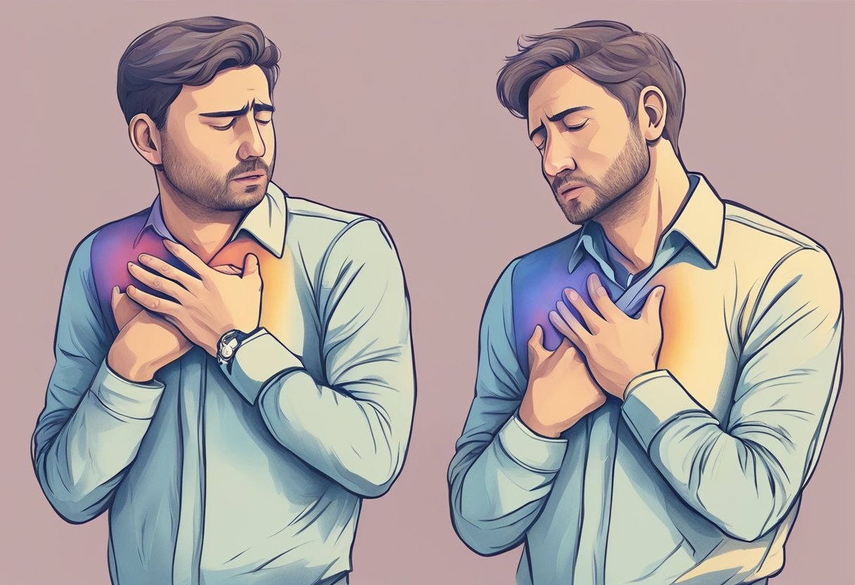 A person clutching their chest in pain, while another collapses suddenly. One shows symptoms of a heart attack, the other experiences cardiac arrest
