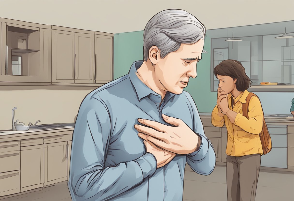 A person clutching their chest in pain, while another person calls for help. A clear distinction between a heart attack and cardiac arrest is shown