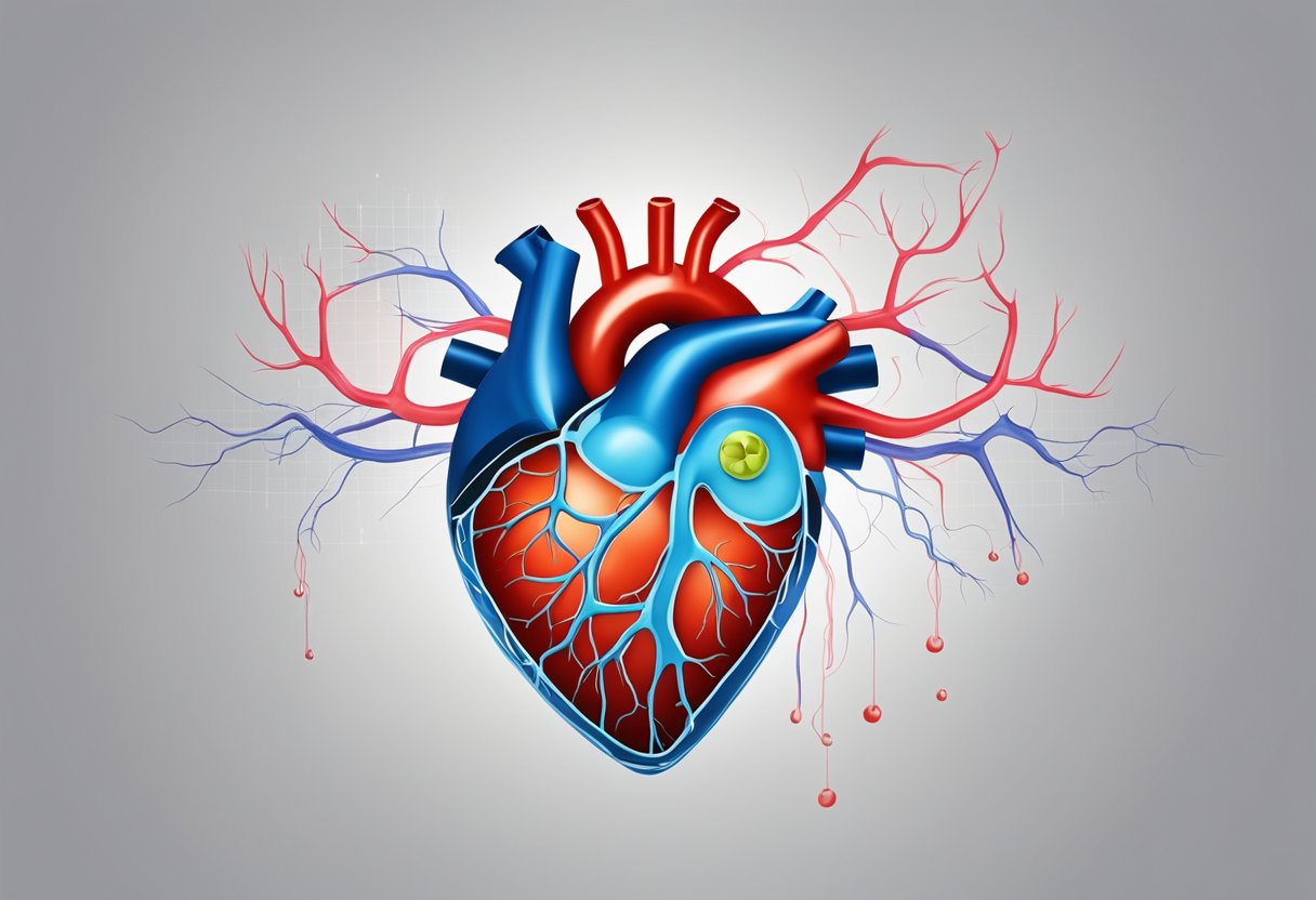 A heart with a valve leaking fluid, surrounded by blood vessels and a medical diagram