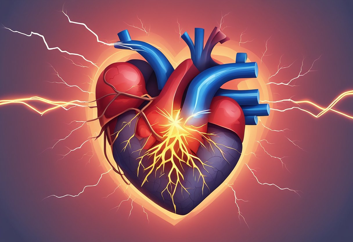 A heart with a lightning bolt symbolizing cardiac arrest, and a blocked artery symbolizing a heart attack