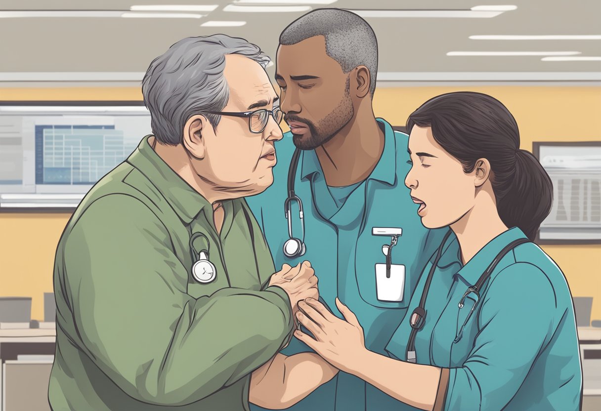 A person clutching their chest in pain, while another person calls for help and prepares to perform CPR
