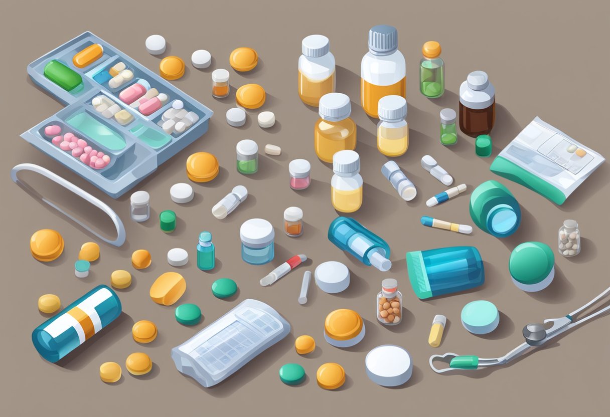 A table with various pills, bottles, and medical equipment for congestive heart failure treatment
