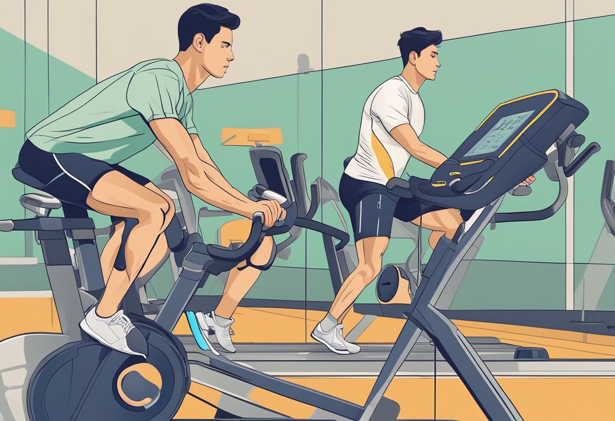 A digital heart rate monitor displays a steady, rhythmic pulse as an athlete exercises, surrounded by gym equipment and focused determination