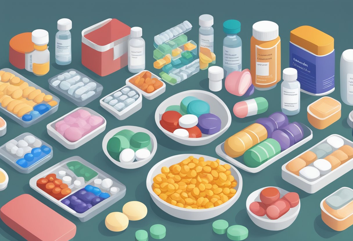 Various medications for heart failure arranged on a table: diuretics, ACE inhibitors, beta blockers, and angiotensin receptor blockers