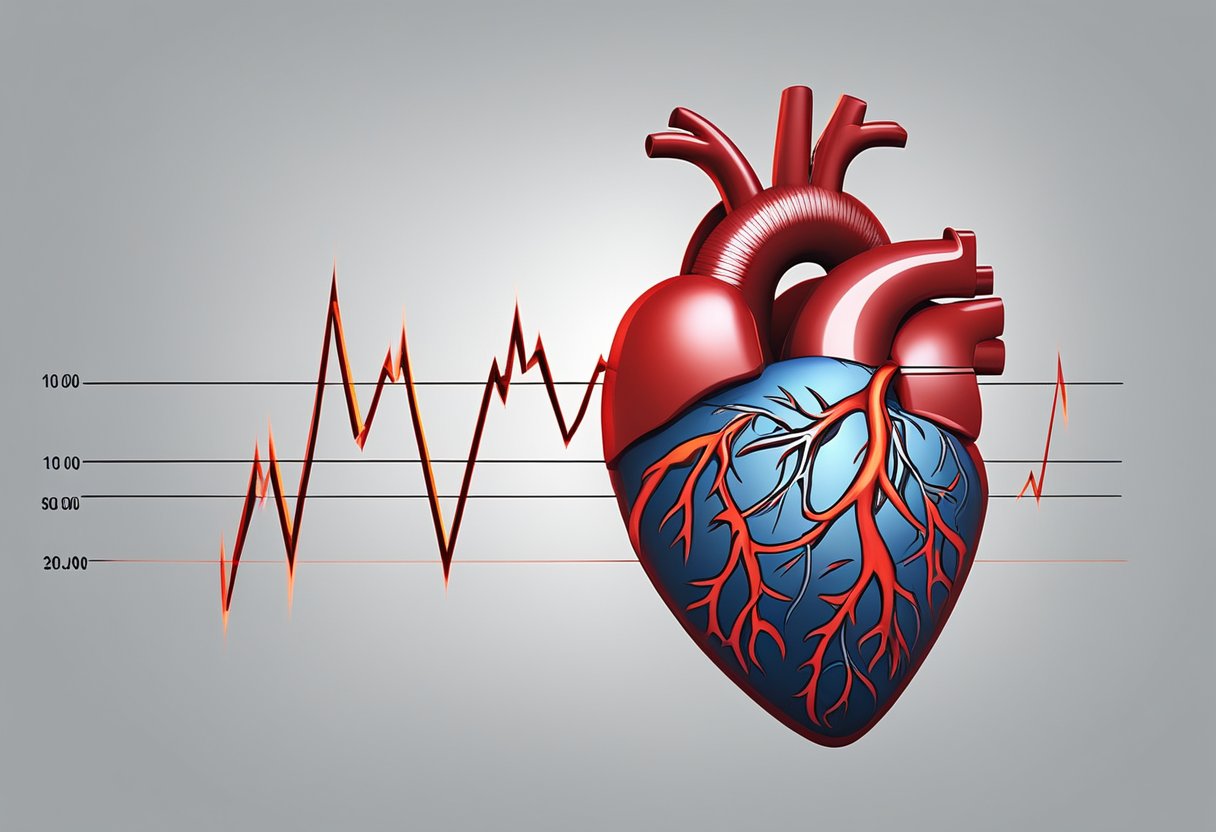 A woman's heart rate spikes dangerously, pulsing rapidly in a red, erratic rhythm