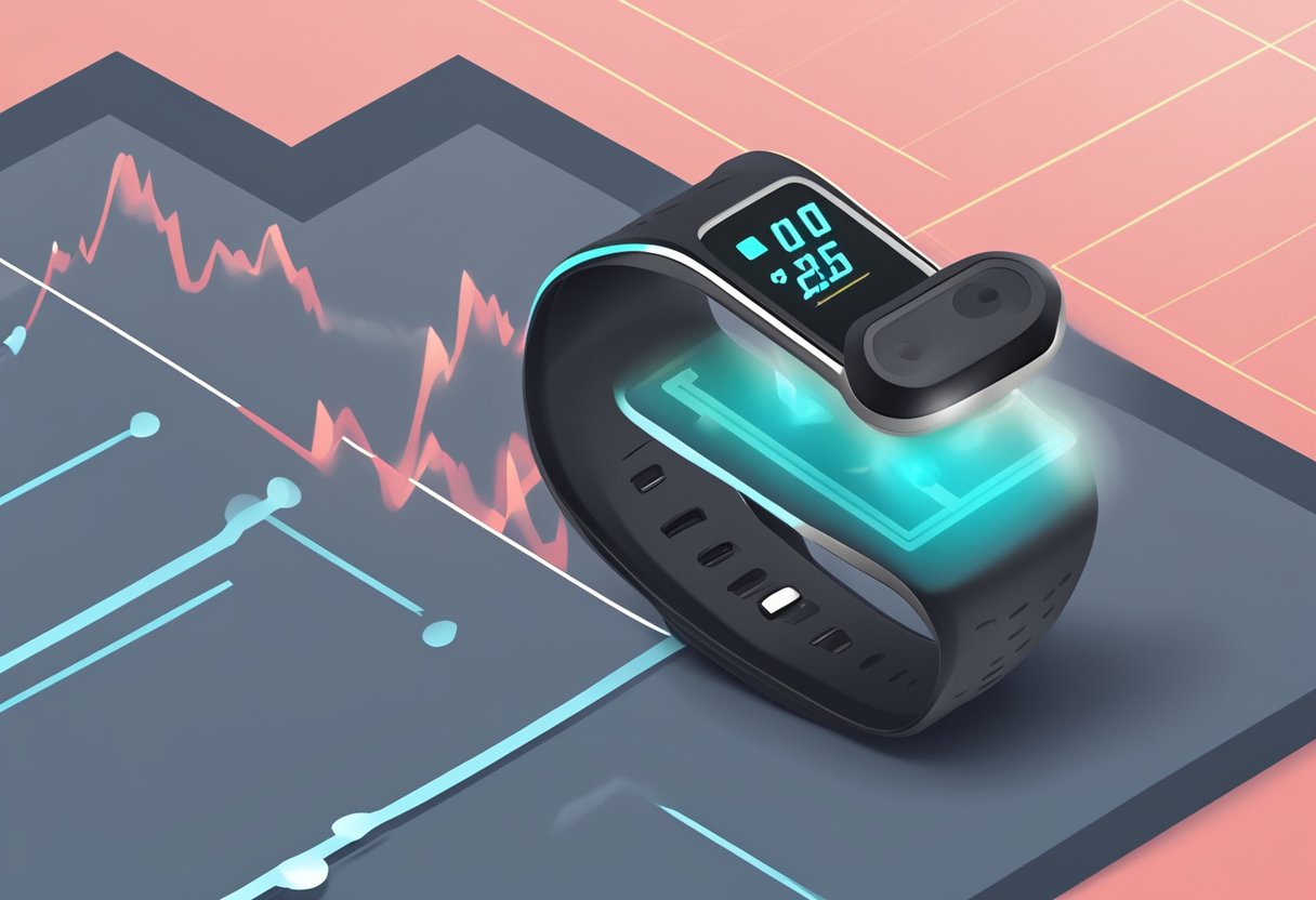 Heart rate monitor displaying increasing heart rate during exercise. Sweat drops on the floor