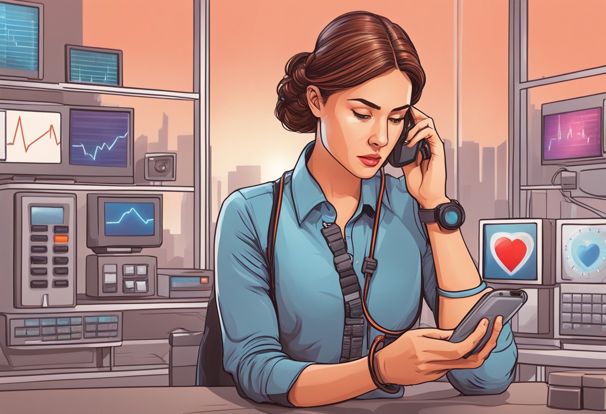 A woman's heart rate spikes, red danger symbol flashing. She looks concerned, reaching for a phone