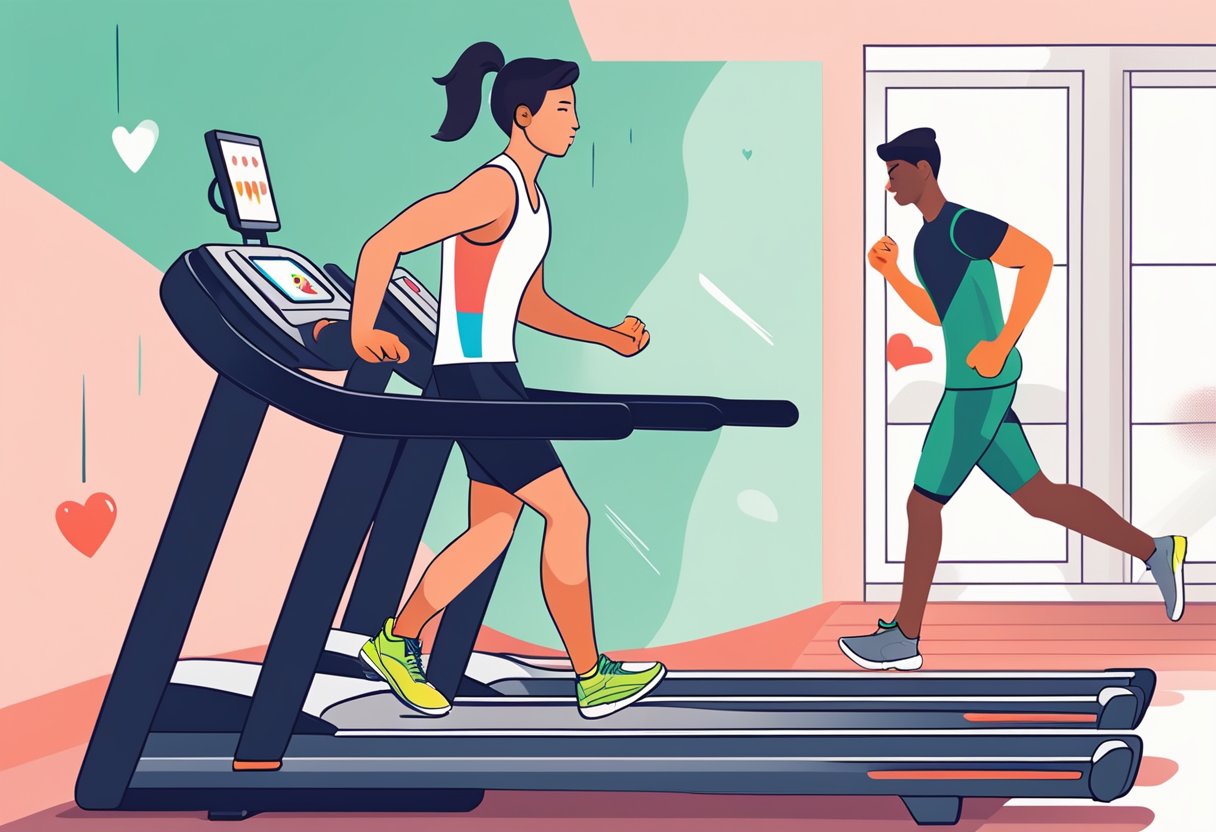 A person exercising on a treadmill, heart rate monitor displaying increasing heart rate, with sweat dripping down their face