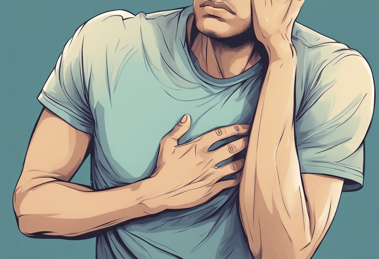 A person clutching their chest with a pained expression, sweating, and shortness of breath