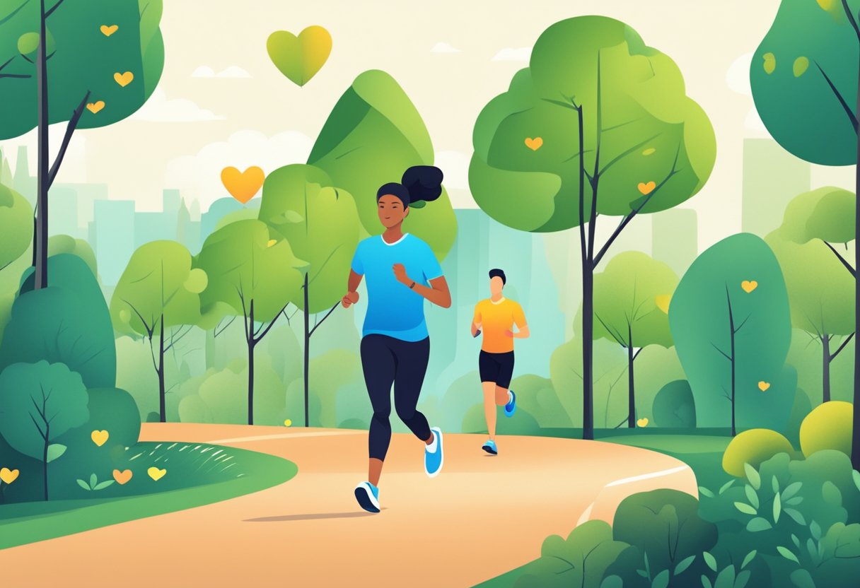 A person jogging in a park with a fitness tracker showing their heart rate increasing as they run. Surrounding environment includes trees, a path, and other people exercising