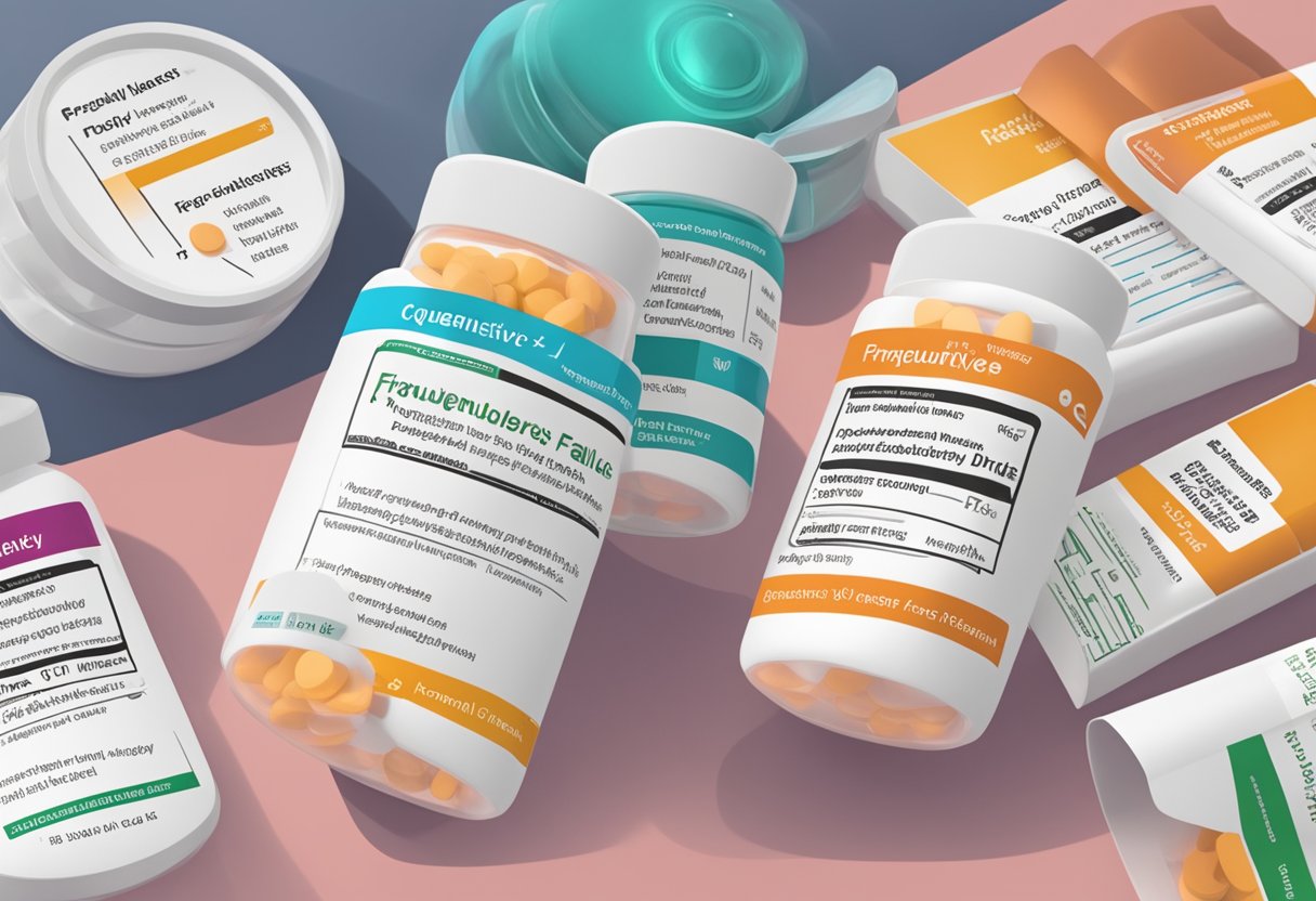 A stack of pill bottles labeled "congestive heart failure drugs" with a "Frequently Asked Questions" pamphlet next to them