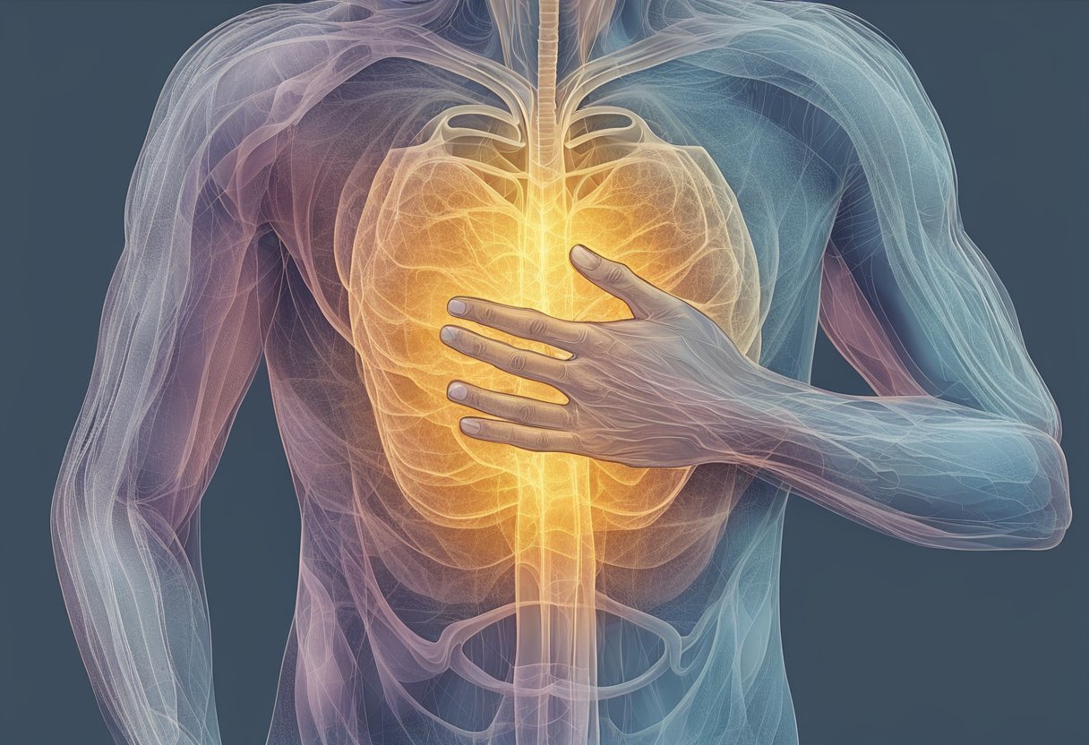 A person clutching their chest, sweating, and experiencing shortness of breath