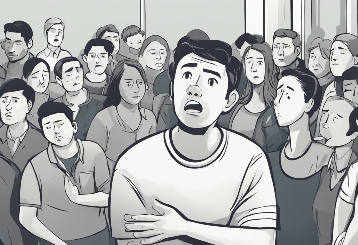 A person clutching their chest in distress, with a worried expression on their face, while others around them look on with concern