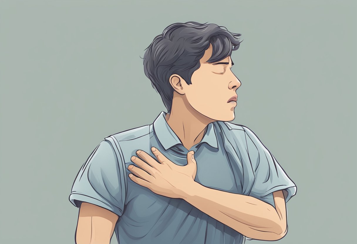 A person clutching their chest, sweating, and struggling to breathe