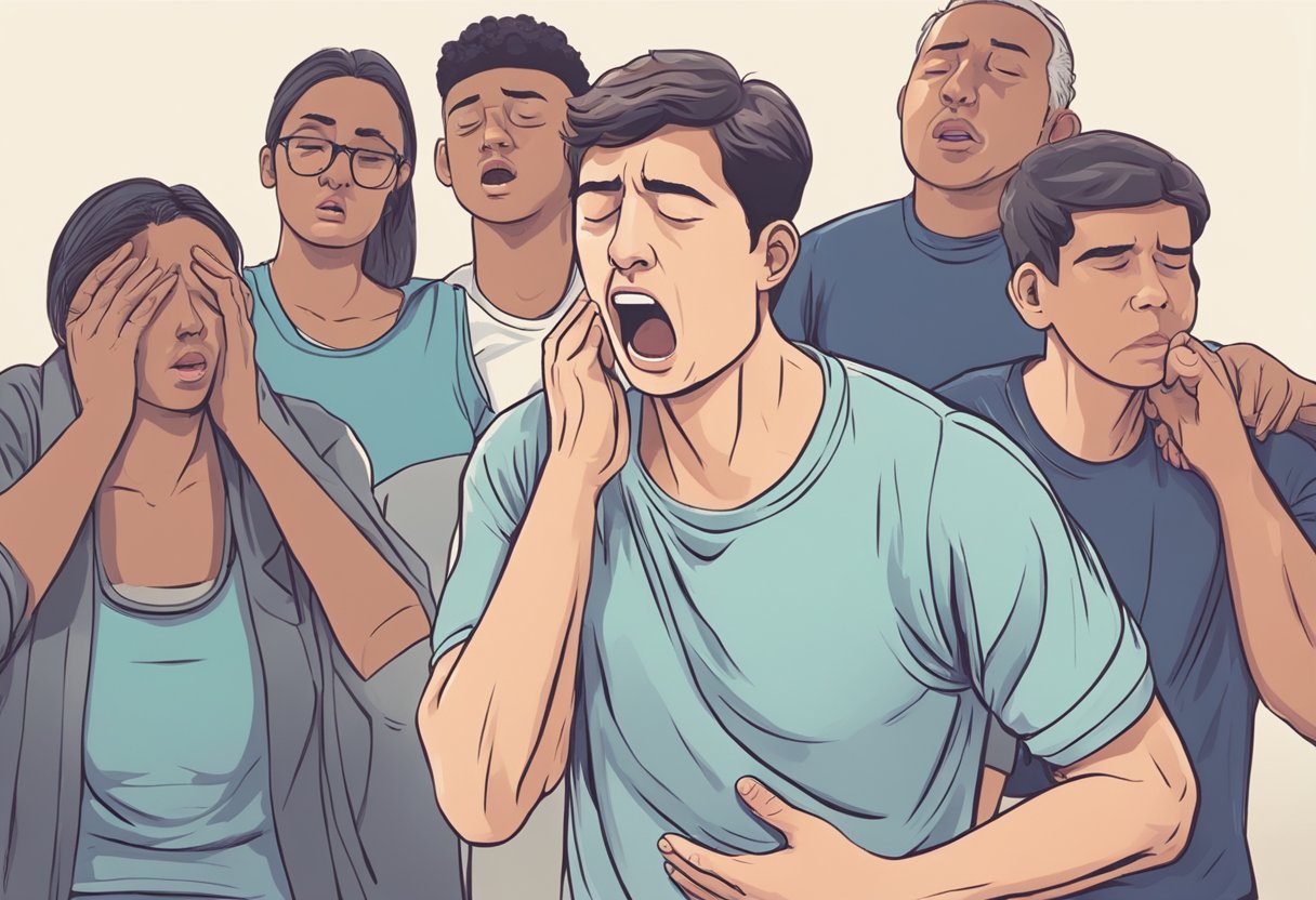 A person clutching their chest in pain, sweating, and struggling to breathe. Others around them looking concerned and calling for help