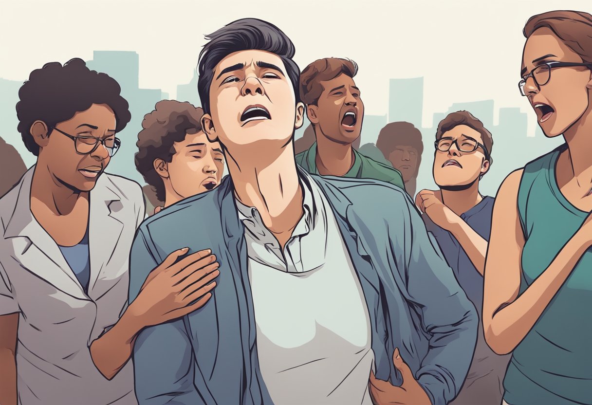 A person clutching their chest, grimacing in pain, as bystanders call for help