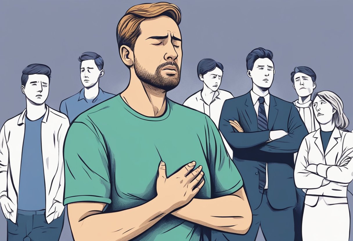 A person clutches their chest in pain, sweating profusely, with a look of distress on their face. Others look on with concern