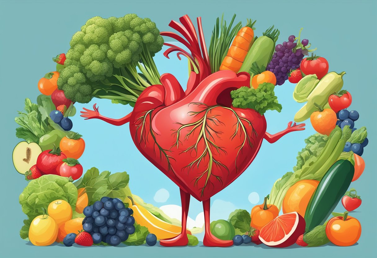 A vibrant red heart surrounded by fresh fruits and vegetables, a person exercising, and a clear blue sky