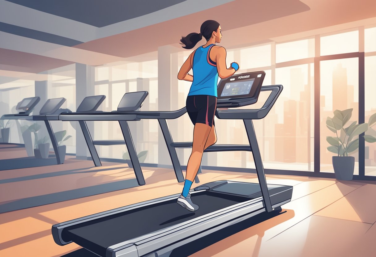 A person running on a treadmill with a heart rate monitor displaying the VO2 max heart rate zone