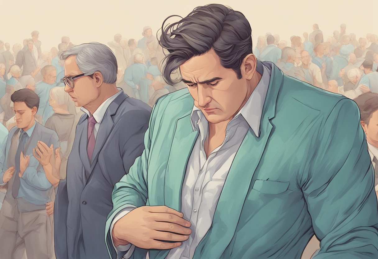 A figure clutches their chest in shock, feeling sudden heart palpitations