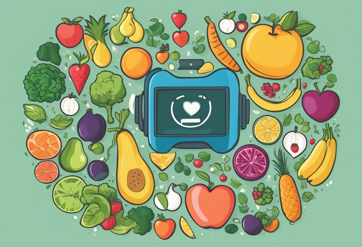A heart surrounded by healthy lifestyle symbols: fruits, vegetables, exercise equipment, and a heart rate monitor