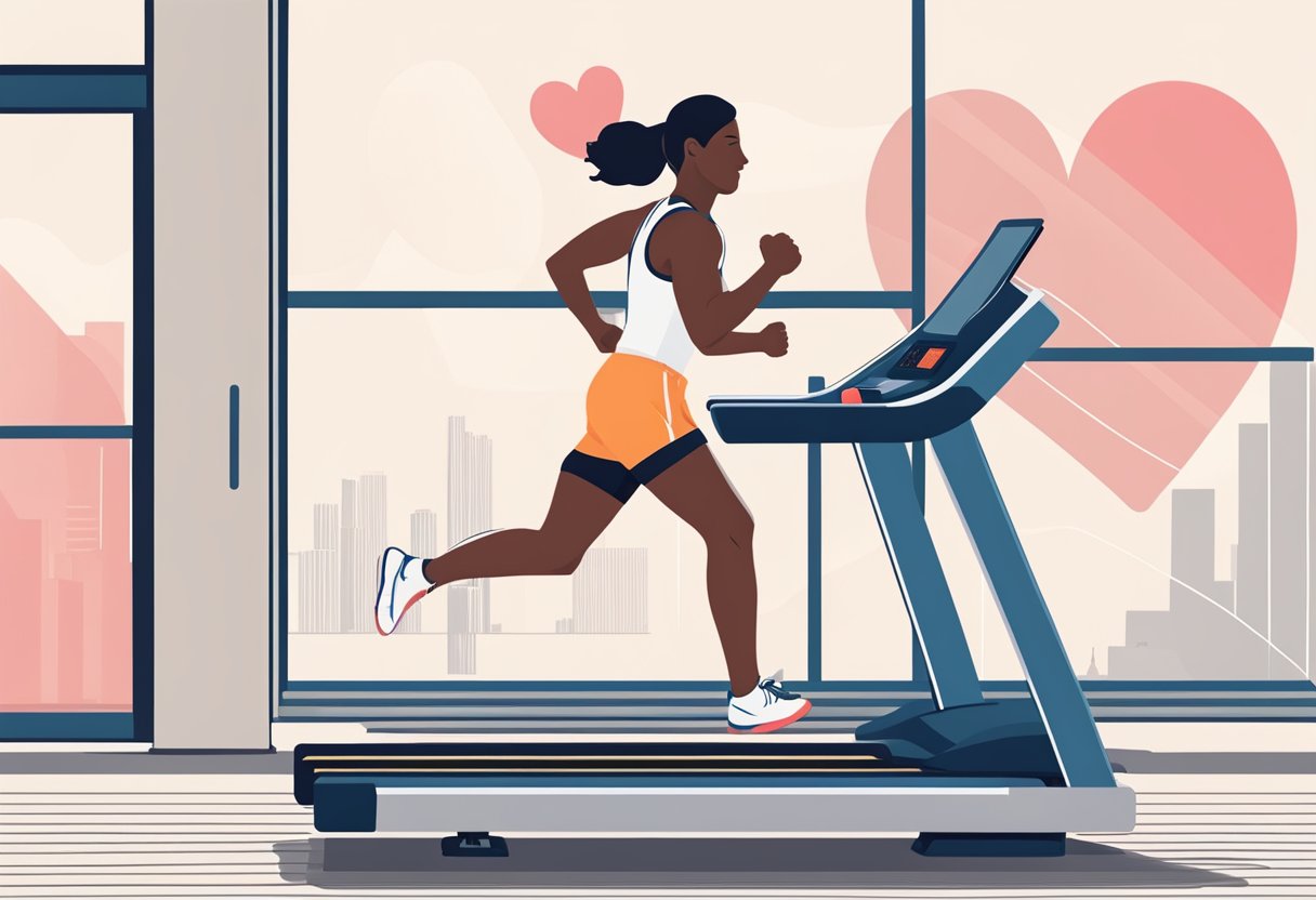 A person running on a treadmill with a heart rate monitor displaying increasing numbers