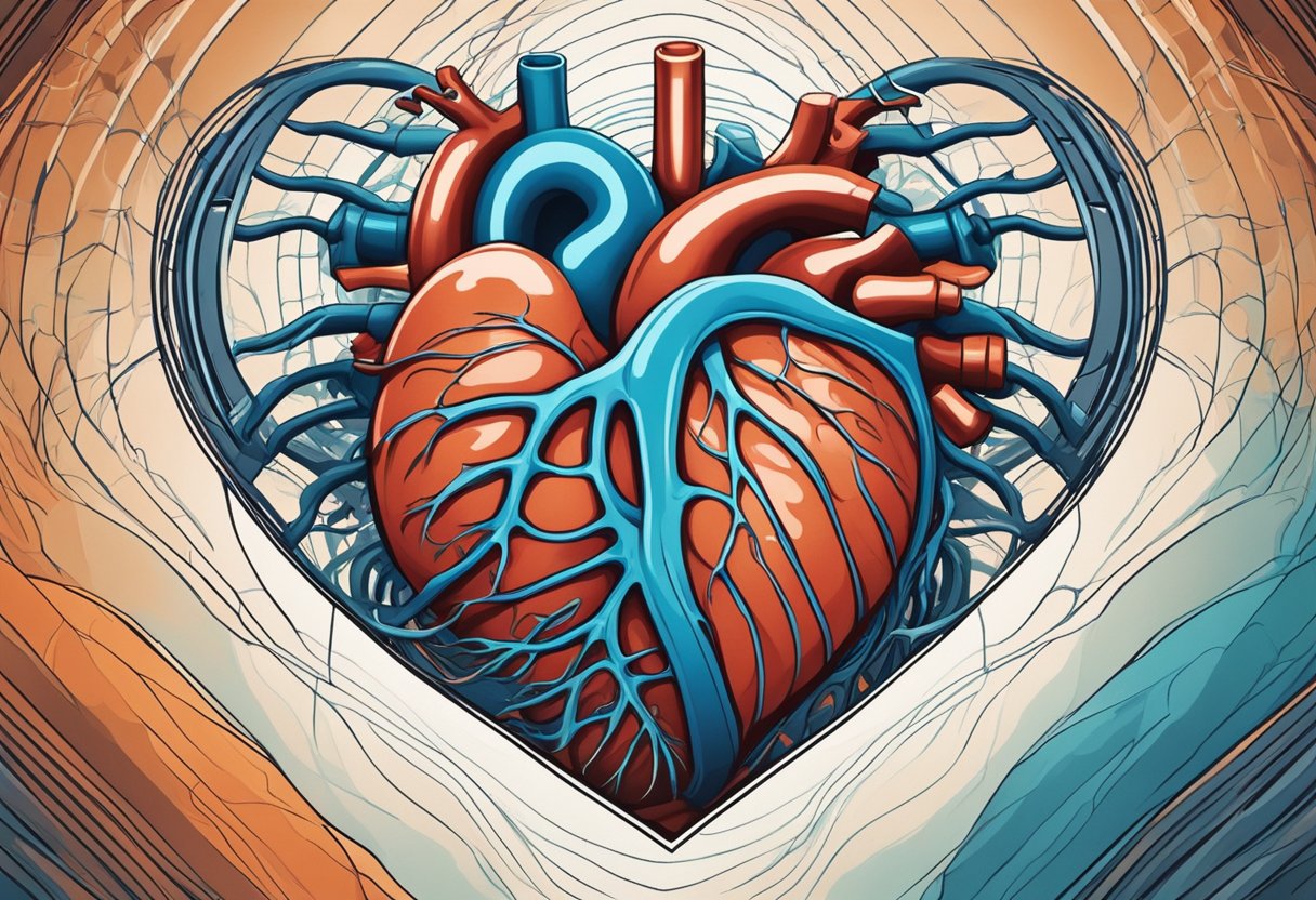 A heart pounding against a ribcage, surrounded by swirling lines to represent the sudden and intense palpitations
