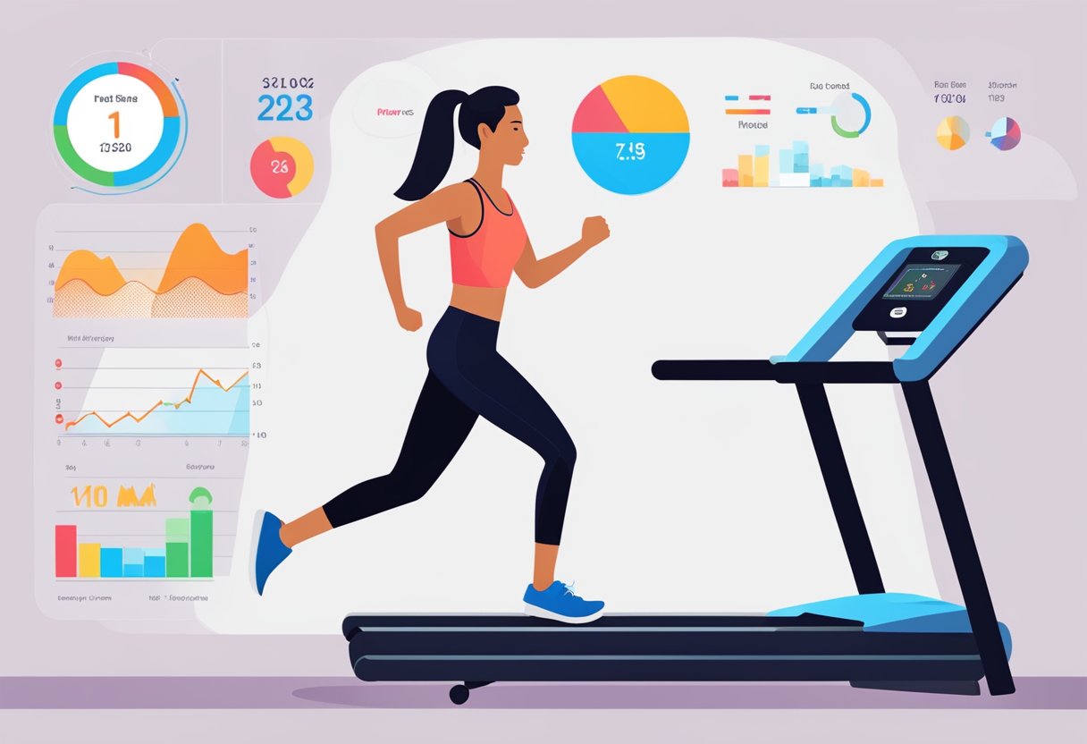 A person running on a treadmill, heart rate monitor displaying increasing numbers, and a chart showing VO2 max and heart rate zones