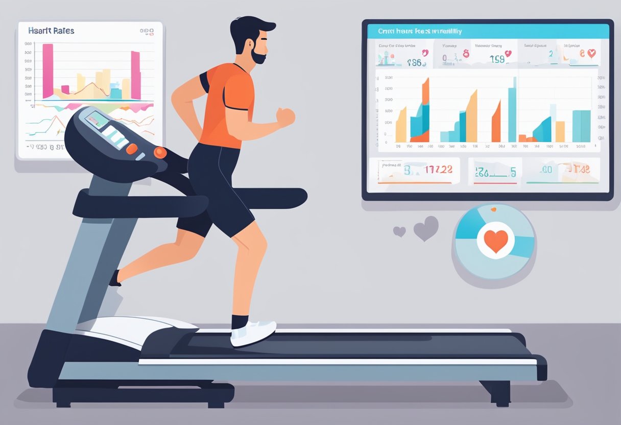 A person exercising on a treadmill, heart rate monitor visible, with a chart showing maximum heart rates by age in the background