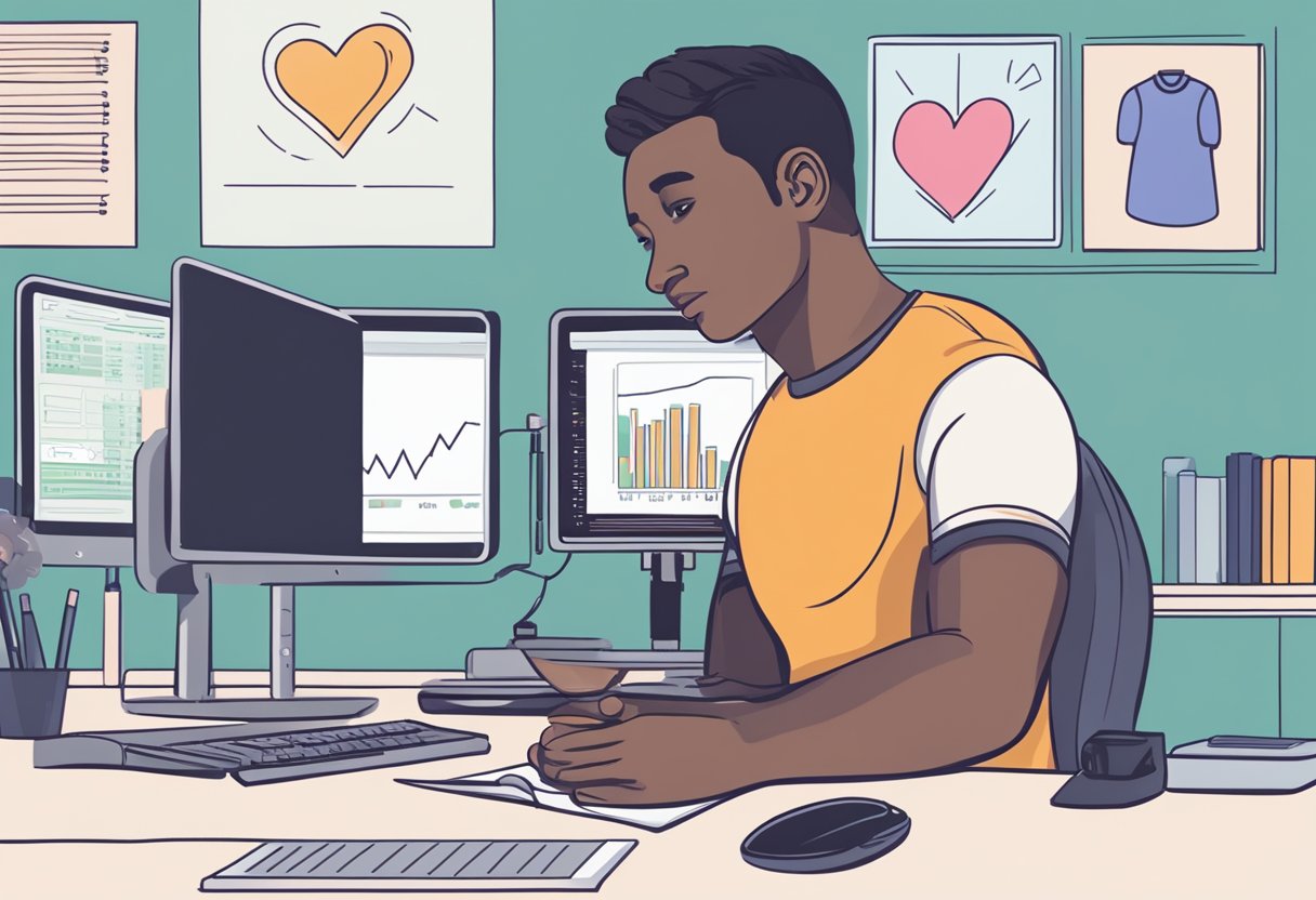 A person sitting at a desk, looking concerned, with a hand over their chest. A heart rate monitor next to them displays erratic readings