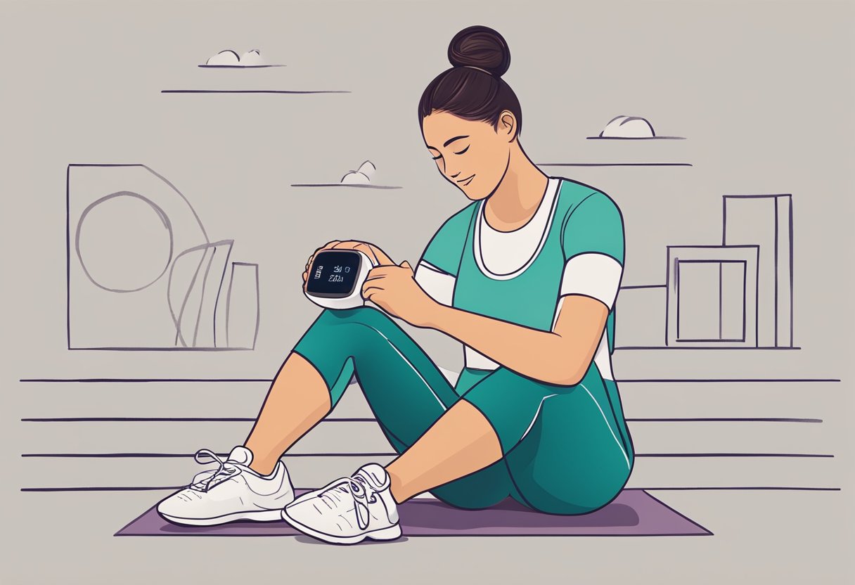 A woman sitting calmly, with a relaxed expression, holding a fitness tracker showing a steady heart rate