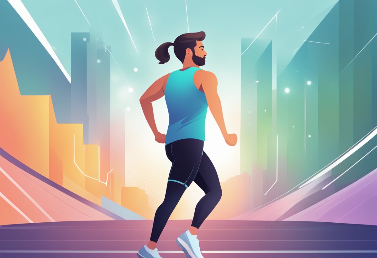 A person's fitness tracker displays their elevated heart rate while exercising, with sweat glistening on their forehead