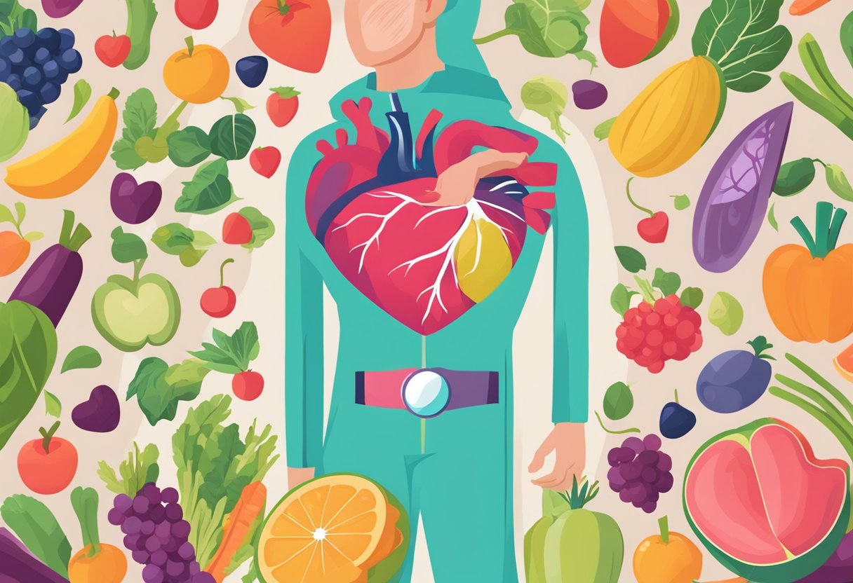 A vibrant heart surrounded by colorful fruits and vegetables, a person exercising, and a heart rate monitor showing a steady rhythm