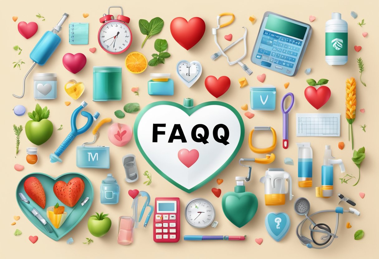 A heart-shaped FAQ sign surrounded by healthy lifestyle symbols and medical equipment