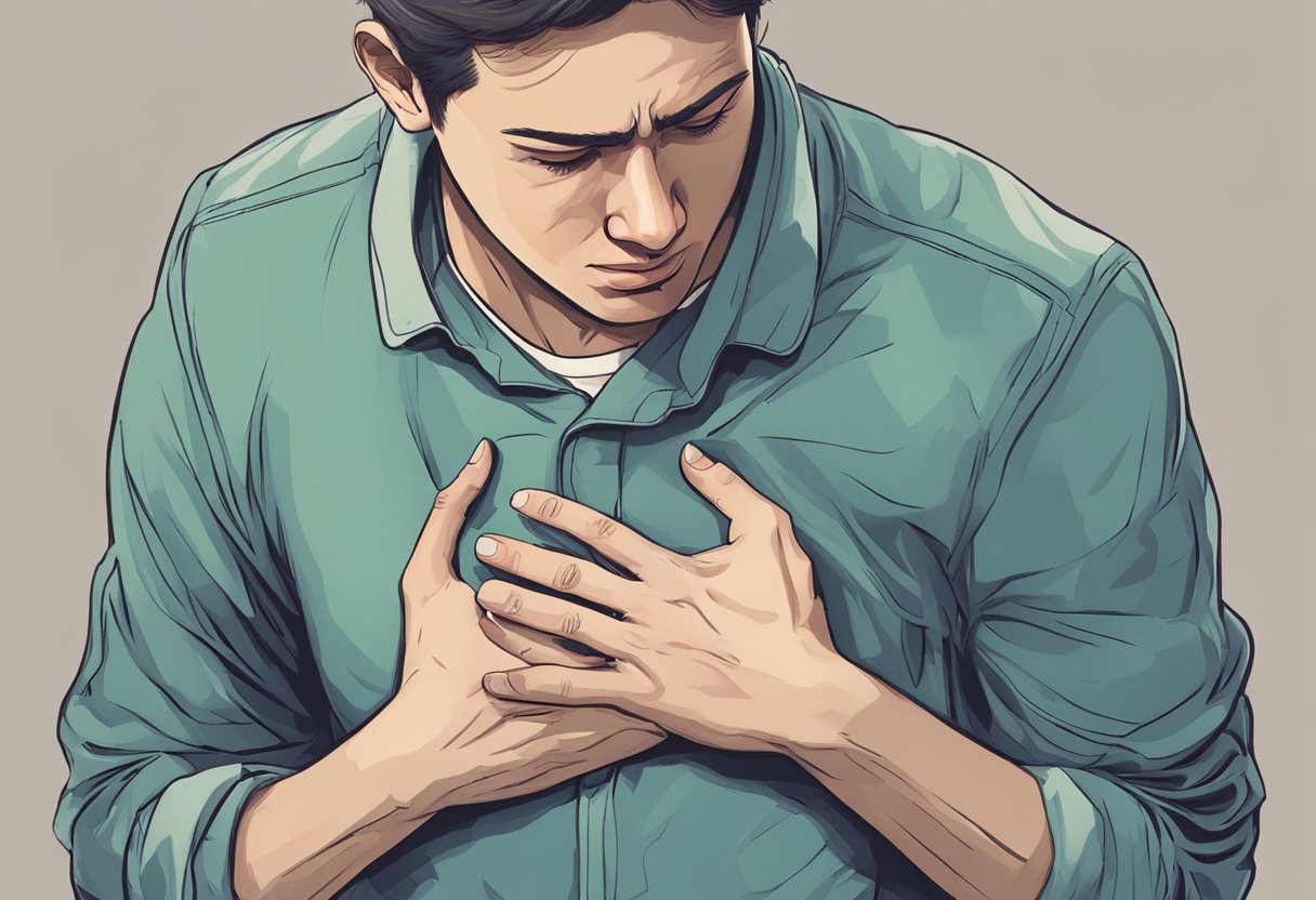 A person clutching their chest in distress, with a pained expression on their face, and a hand reaching for their stomach