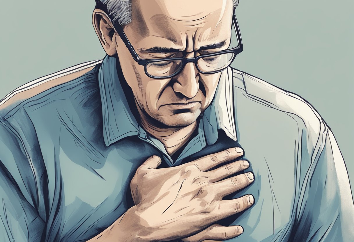 A person clutching their chest in pain, with a distressed expression. Sudden onset of discomfort, potentially signaling indigestion or heart attack