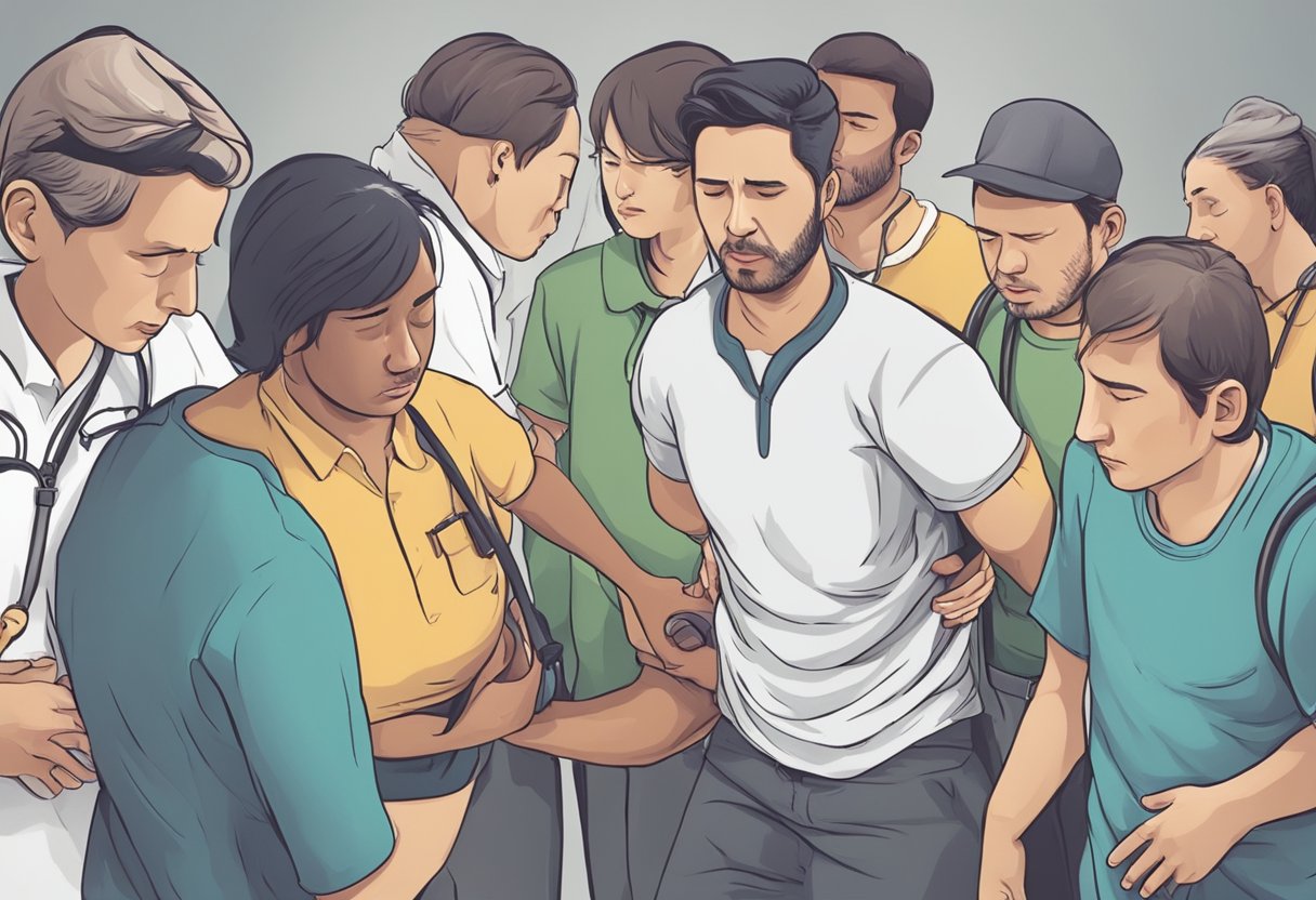 A person experiencing indigestion clutches their chest in pain, while others rush to their aid with a defibrillator and medical equipment