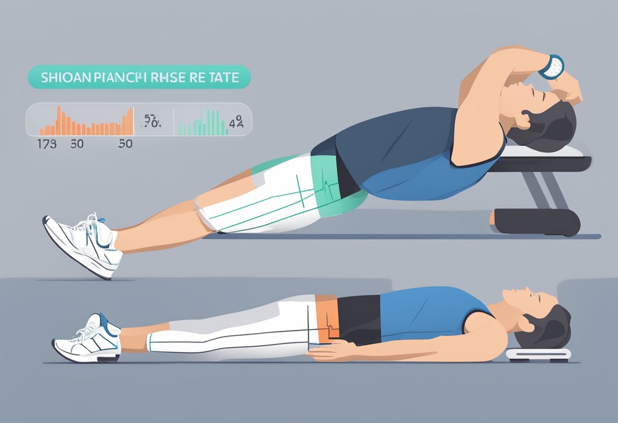 A person exercising, then resting with a heart rate monitor displaying decreasing numbers
