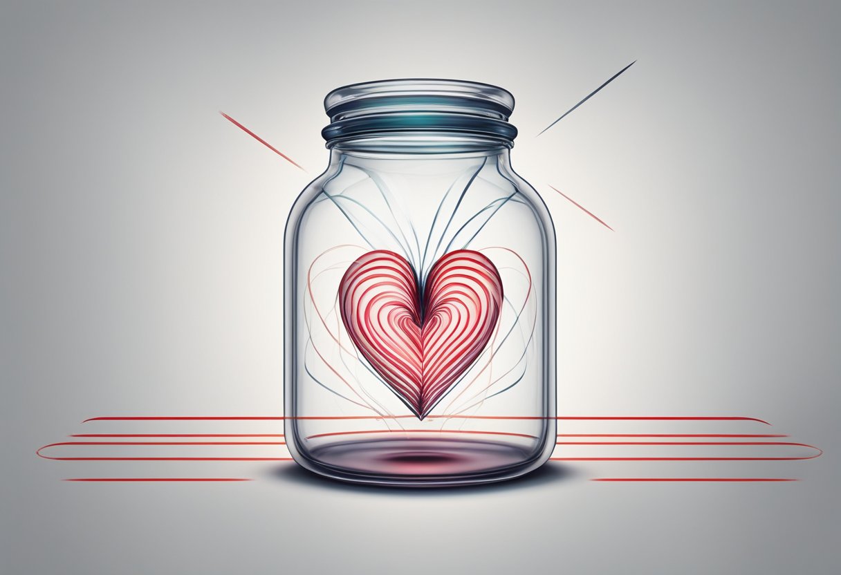 A heart fluttering in a clear glass jar, surrounded by pulsing red lines