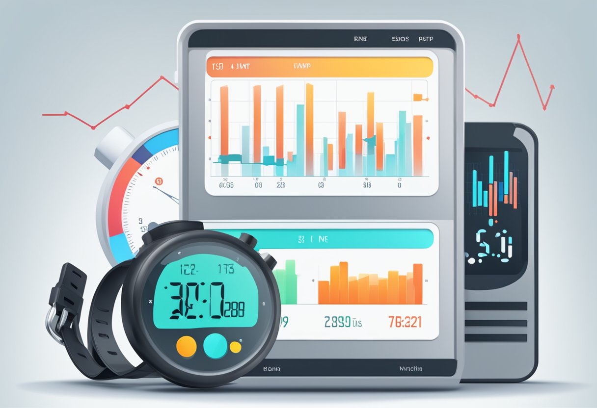 A stopwatch next to a pulsing heart rate monitor, displaying decreasing numbers