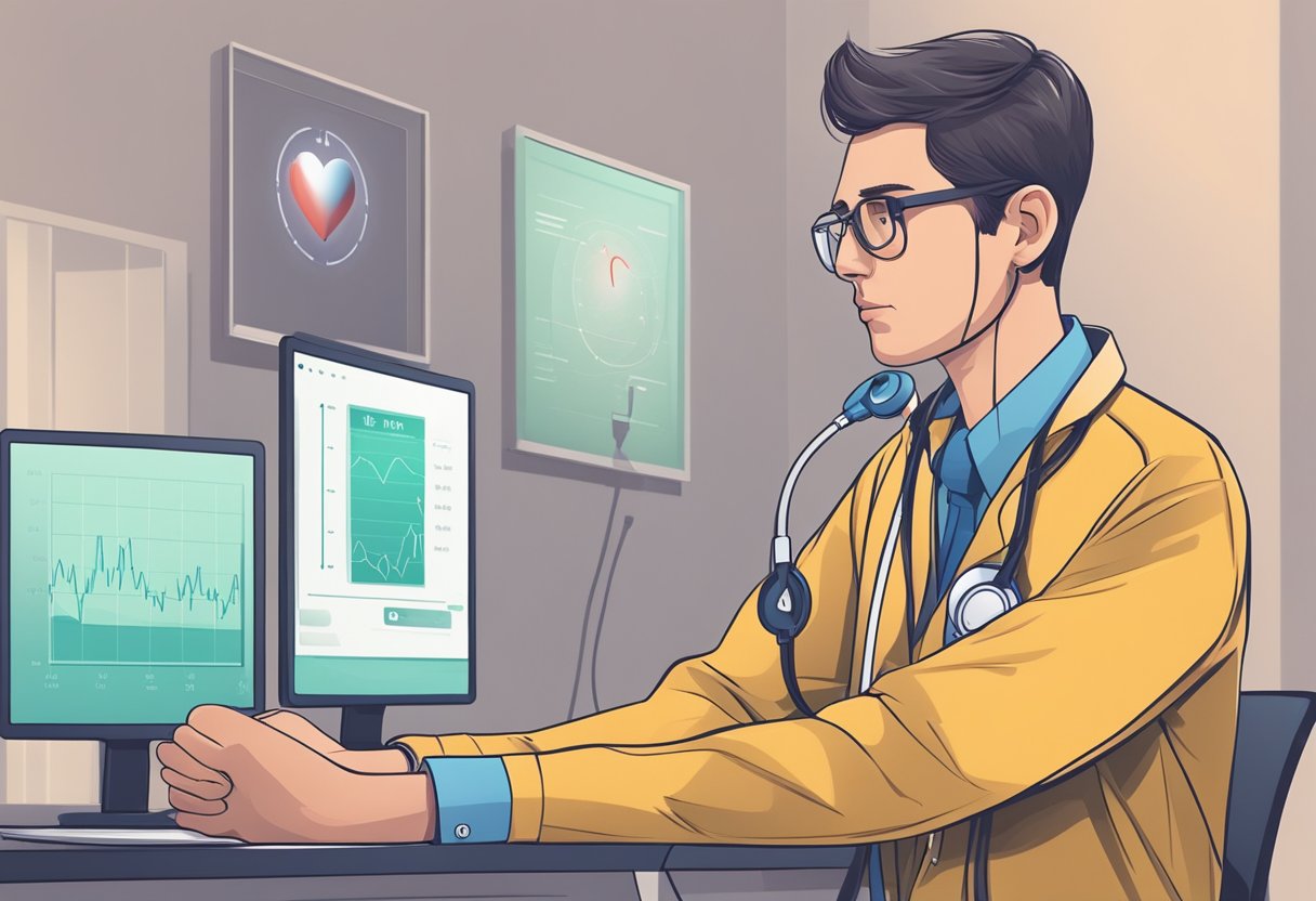 A person monitoring their heart rate with a stethoscope, looking concerned